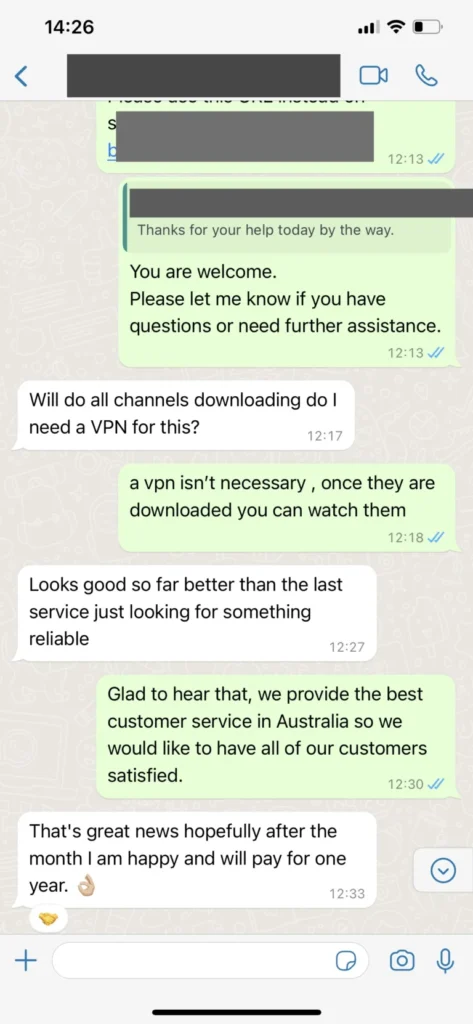 WhatsApp kundchatt skärmdump 3 nöjd kund med sport streaming